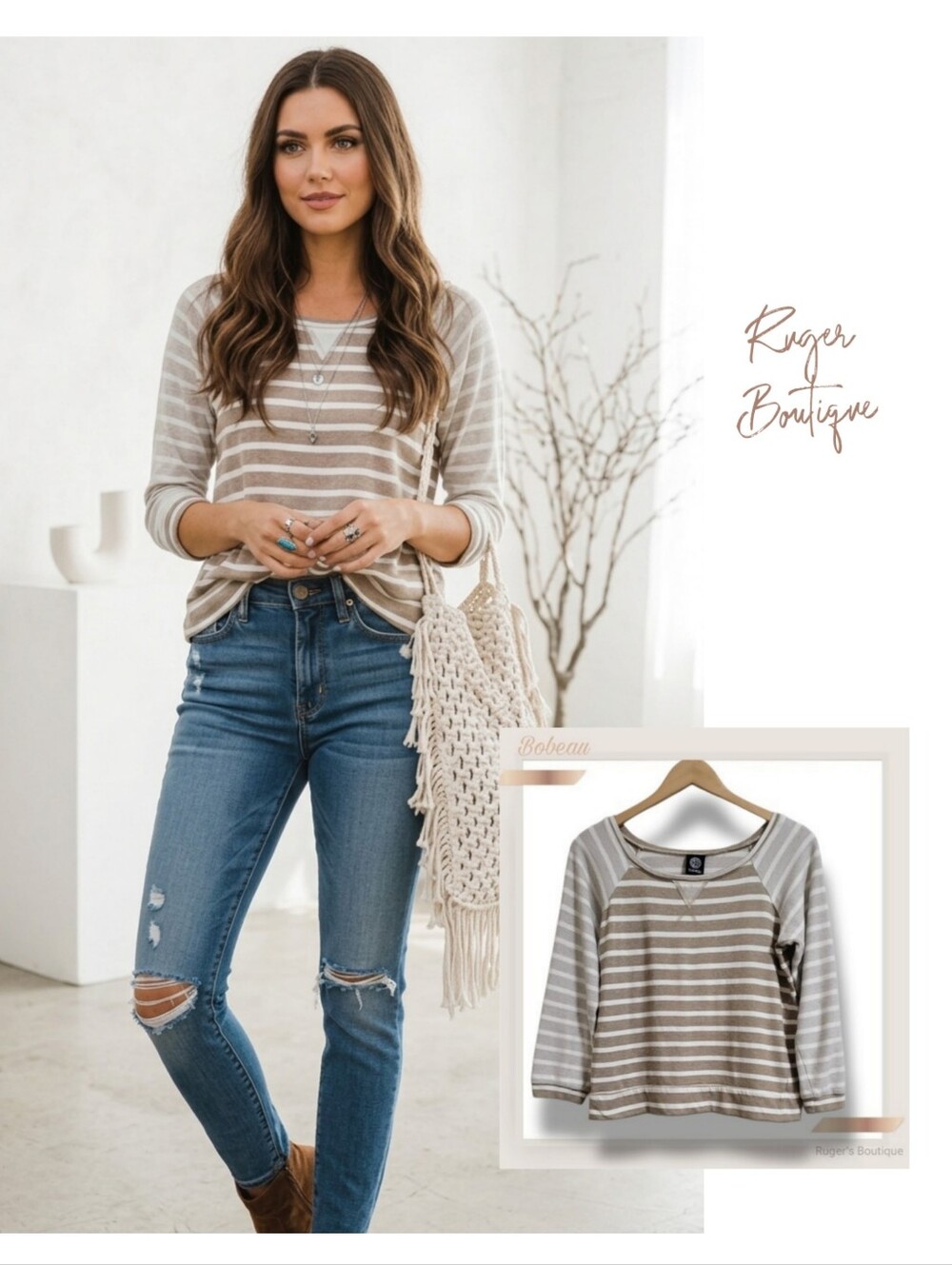 🌿Bobeau Womens Medium Beige White Striped 3/4 Sleeve Distressed Sweater